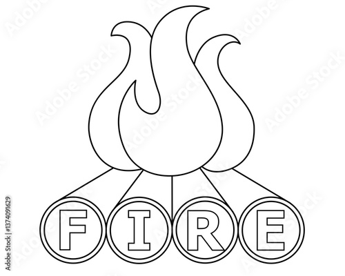 Financial independence retire early symbol - vector linear picture for coloring with fire and FIRE abbreviation on firewood cuts. Outline. Metaphor, Financial independence retire early logo.	