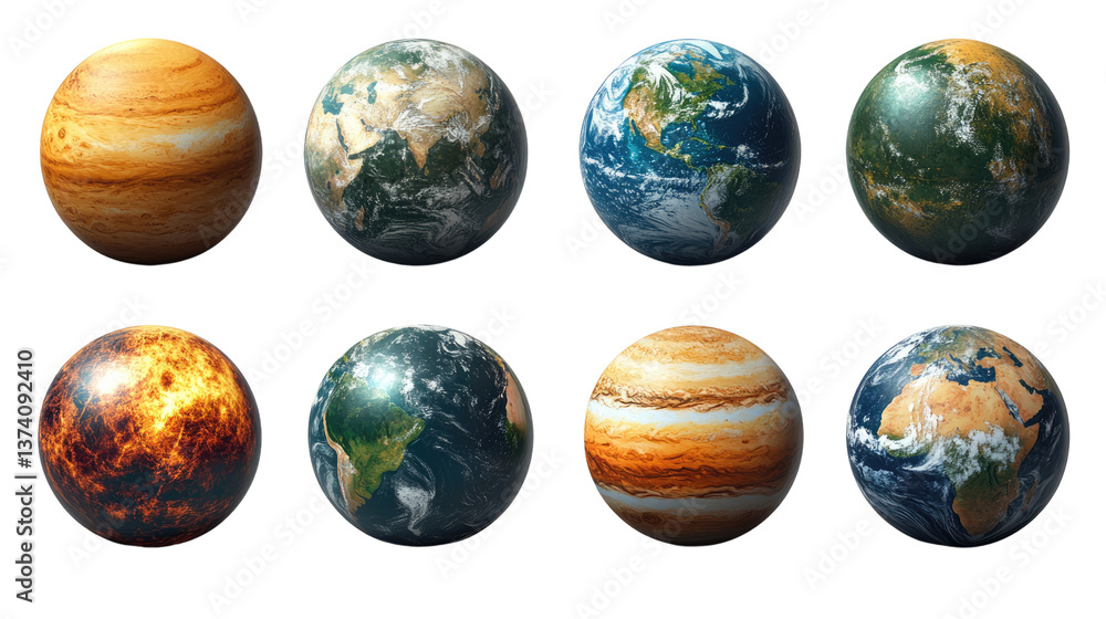 Planetary Perspectives: A captivating composite of eight diverse planet spheres, showcasing variations in terrain, atmospheric conditions, and geographical features. Planetary Perspectives: A captivating composite of eight diverse planet spheres, showcasing variations in terrain, atmospheric conditions, and geographical features.