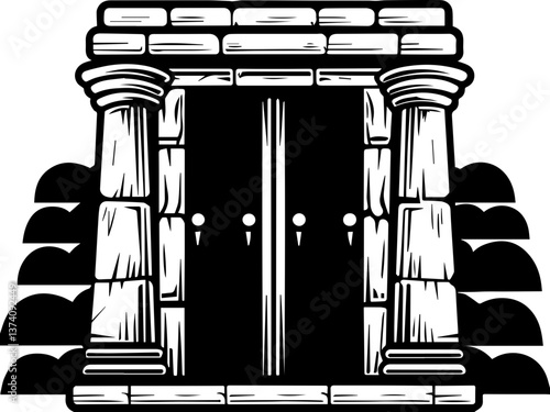 Graveyards coffins and death symbols in a haunting svg vector. Ancient Stone Structure with Ornate Columns and Doors Design