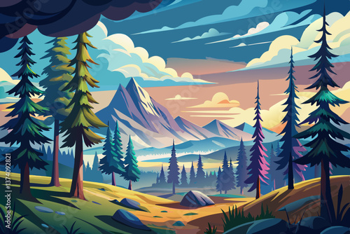 A peaceful taiga scene where tall pines and spruces stand under a cloudy sky