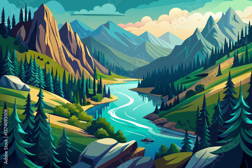 A breathtaking taiga landscape with a winding river cutting through the dense forest