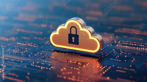 A stylized cloud icon with a lock symbolizes cloud security and data protection against cyber threats on a circuit board background.