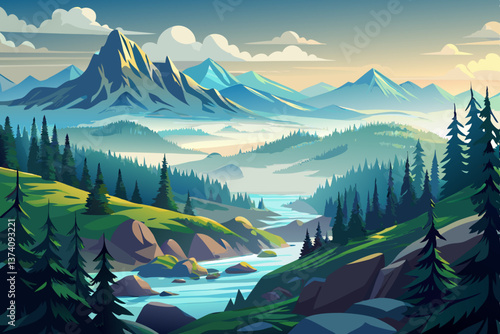 A vast taiga landscape with dense evergreen forests and mist covering the distant hills