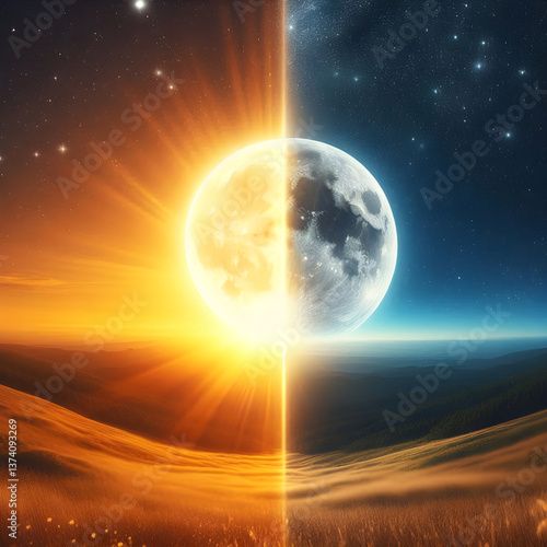Sun and moon dividing day and night above hills landscape