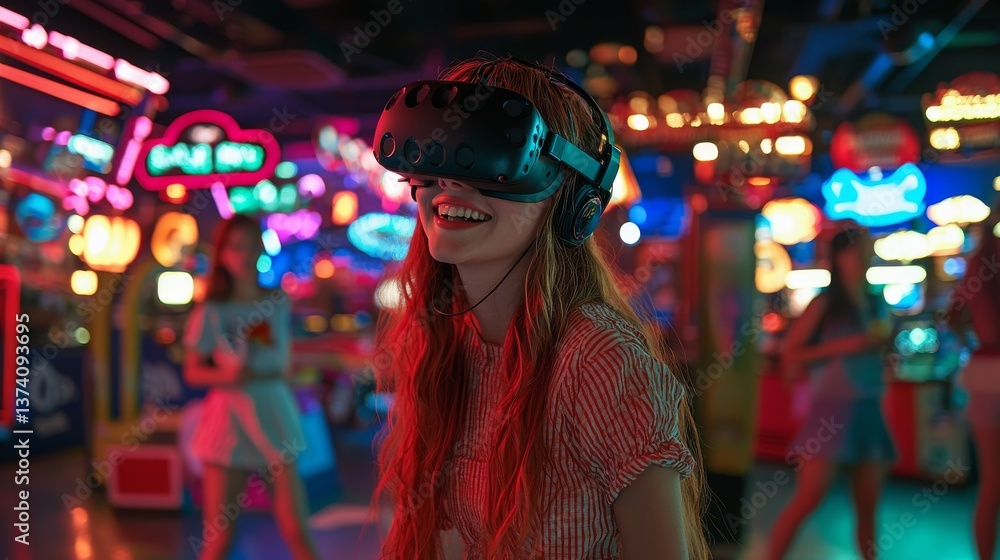 Virtual gaming at a futuristic arcade had fully captured the attention of individuals wearing VR headsets Virtual gaming at a futuristic arcade had fully captured the attention of individuals wearing VR headsets