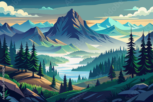 A vast taiga landscape with dense evergreen forests and mist covering the distant hills