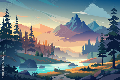 A serene taiga view where morning mist drifts over the pine-covered landscape