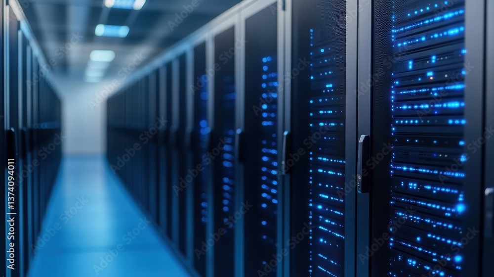 A dimly lit server room filled with towering racks of servers, illuminated by blue LED lights, showcasing advanced technology and digital infrastructure. A dimly lit server room filled with towering racks of servers, illuminated by blue LED lights, showcasing advanced technology and digital infrastructure.