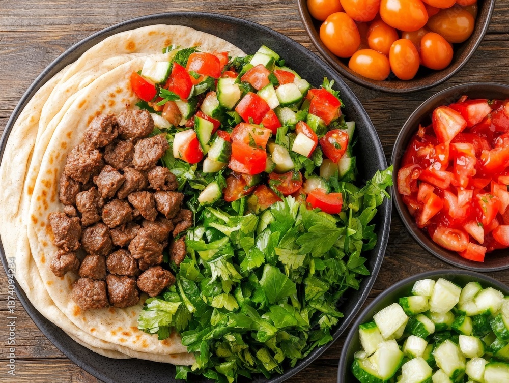 Stuffed pita pockets with falafel salad and hummus on wooden surface with vibrant vegetables for street food Middle Eastern style stock food photography Stuffed pita pockets with falafel salad and hummus on wooden surface with vibrant vegetables for street food Middle Eastern style stock food photography