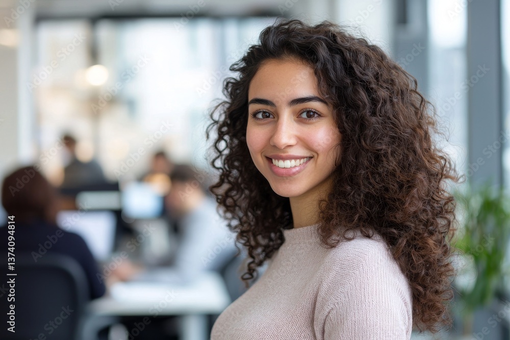 A confident young female entrepreneur is depicted in a portrait set at a creative workspace A confident young female entrepreneur is depicted in a portrait set at a creative workspace