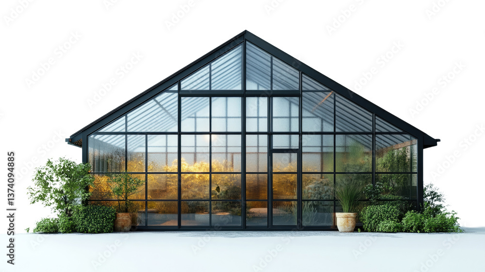 Obraz premium Glass Greenhouse Oasis: Explore the intricate details of a modern glass greenhouse, with its transparent walls allowing a peek into a vibrant indoor garden, surrounded by lush green foliage.