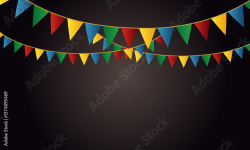 Festa Junina with party flags, holiday symbols, paper fanatics and a garland of paper flags. Bonfire. Vector illustration
