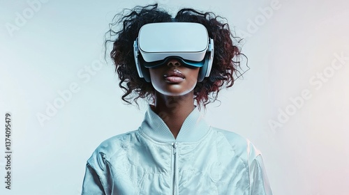 A black woman is depicted wearing white VR glasses and a futuristic outfit against a minimalist white background with AI assistance