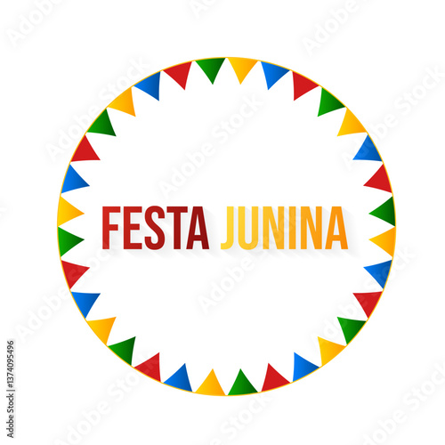 Festa Junina with party flags, holiday symbols, paper fanatics and a garland of paper flags. Bonfire. Vector illustration