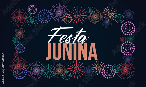 Festa Junina with party flags, holiday symbols, paper fanatics and a garland of paper flags. Bonfire. Vector illustration