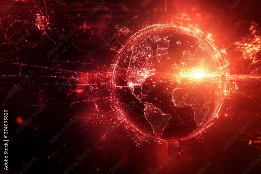 Fototapeta premium futuristic visualization of a global pandemic, with glowing red and dark shadows, foreboding atmosphere minimal background with copy space