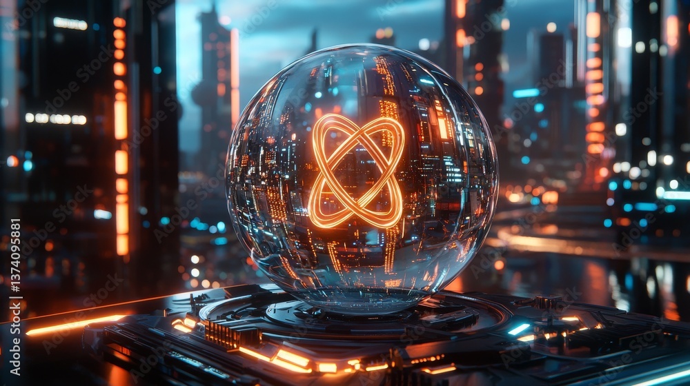 A futuristic circuit board featuring a high-tech concept with a glowing atom symbol enclosed within a sphere