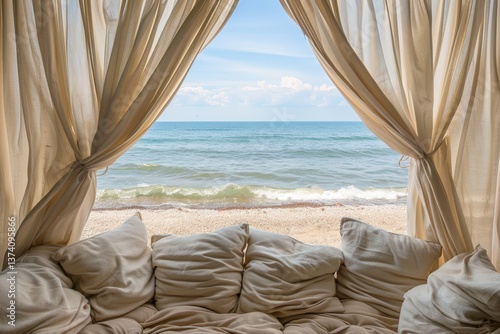 A serene beach view framed by soft curtains, showcasing calm waves and a sandy shore, inviting relaxation and tranquility.