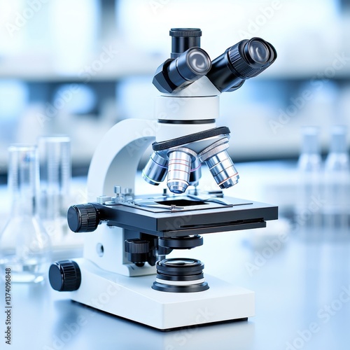 Close up view of a white laboratory microscope on a stainless steel surface, with blurred glassware in the background. The image is brightly lit and conveys a sense of scientific precision.