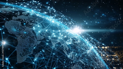 A futuristic digital setting with a prominent blue globe serves as a symbol for the global integration of technology and innovation