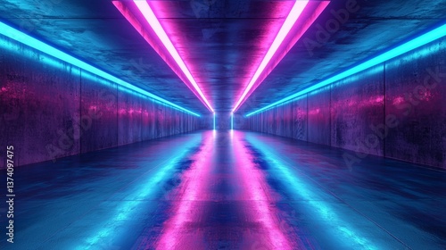 A 3D illustration of a futuristic alien corridor with a reflective concrete tunnel  featuring purple and blue neon lights and a hexagon floor pattern