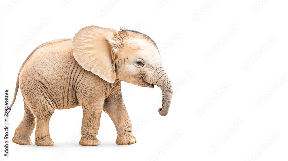 Fototapeta premium Adorable baby elephant walking against a white background. The elephant is light beige with darker speckles, its trunk slightly raised. The image is clean, bright, and simple.