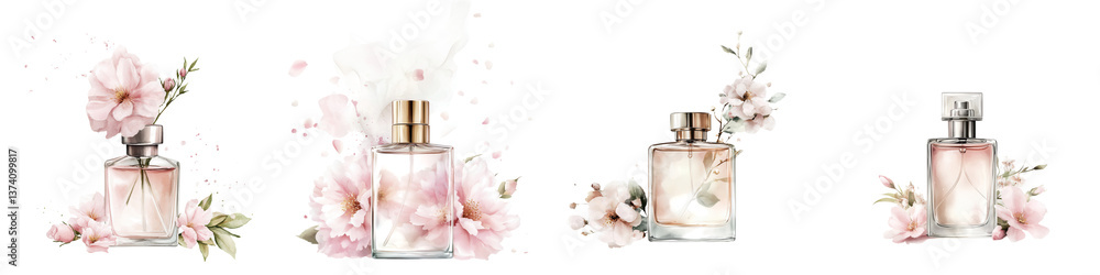 Elegant Perfume Bottles Surrounded by Delicate Floral Accents Elegant Perfume Bottles Surrounded by Delicate Floral Accents