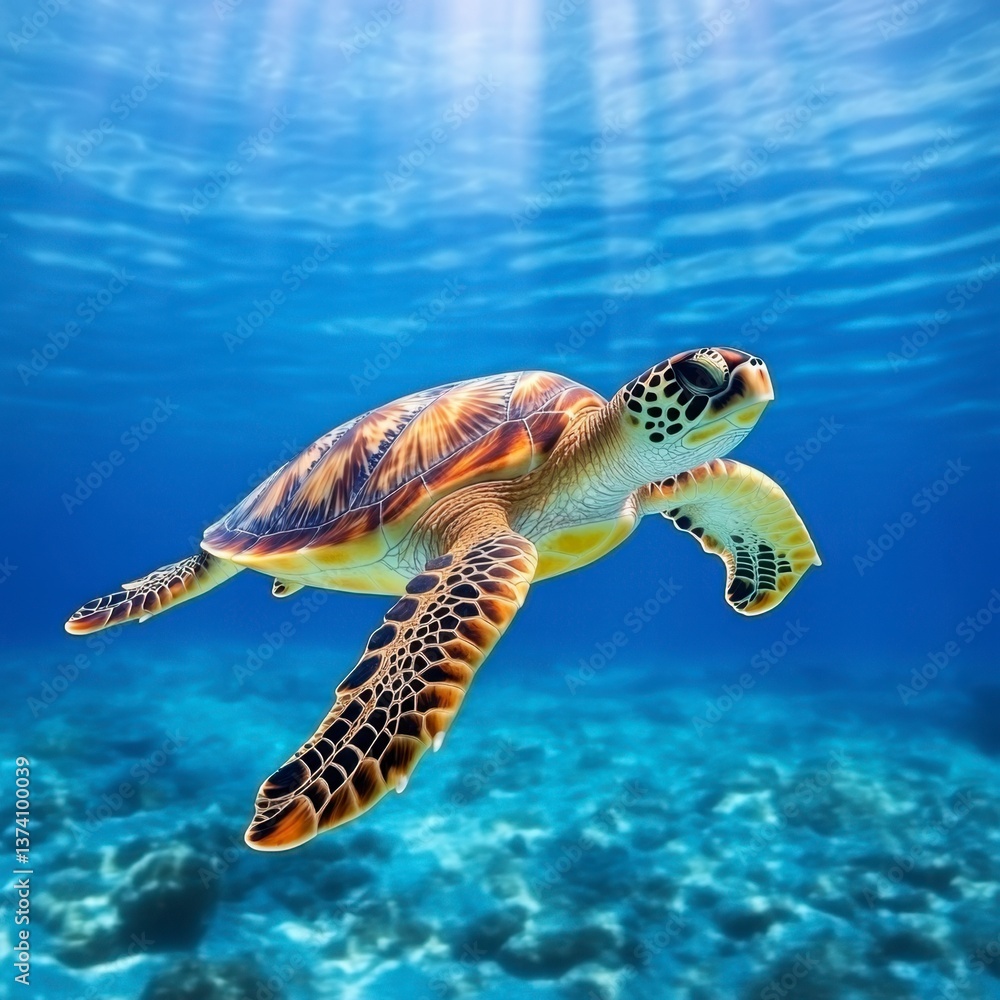 Obraz premium A sea turtle gracefully swims through clear blue ocean water above a coral reef, sunlight streams from above.