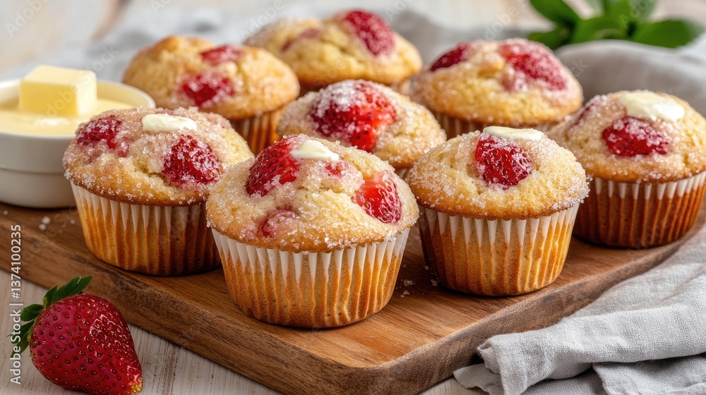 Strawberry and cream muffins adorn a wooden board while a bowl of butter sits nearby, ready for a delightful breakfast Strawberry and cream muffins adorn a wooden board while a bowl of butter sits nearby, ready for a delightful breakfast