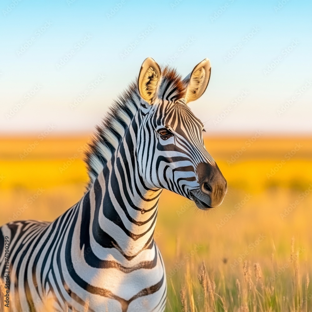 Zebra portrait in golden savanna at sunset. Black and white stripes stand out against the warm background. The zebra is partially hidden in tall grass. Zebra portrait in golden savanna at sunset. Black and white stripes stand out against the warm background. The zebra is partially hidden in tall grass.