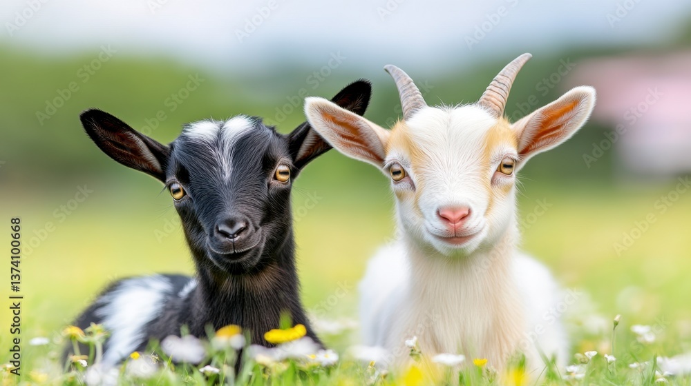 Fototapeta premium Two young goats, one black and white, the other cream colored, lie together in a field of daisies. Soft sunlight illuminates the scene.