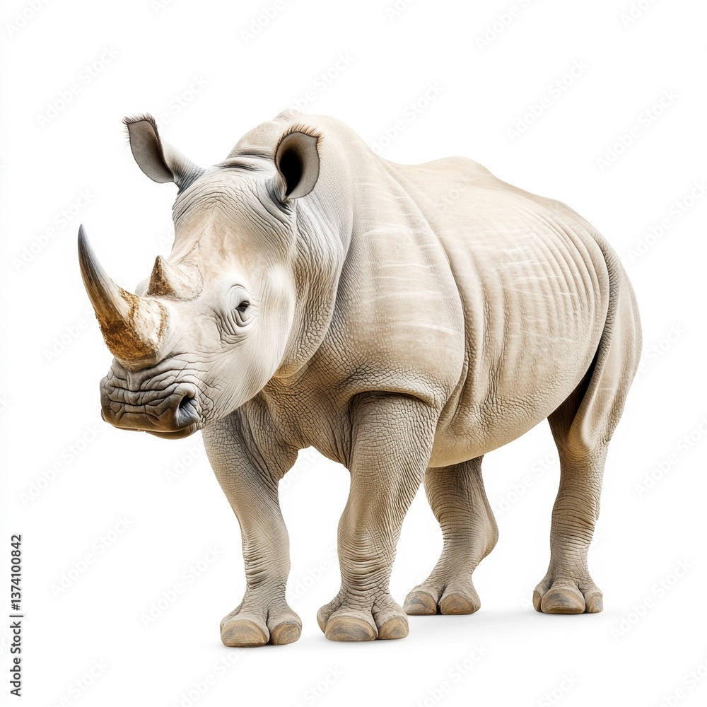 Obraz premium A large white rhinoceros stands against a stark white background. The rhino's skin is textured, and its features are sharply defined. The image is clean and focuses on the animal itself.