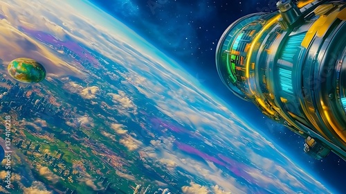 Fototapeta Naklejka Na Ścianę i Meble -  Futuristic Orbital Space Station Overlooking Earth with Vibrant Clouds and Stars in the Cosmos