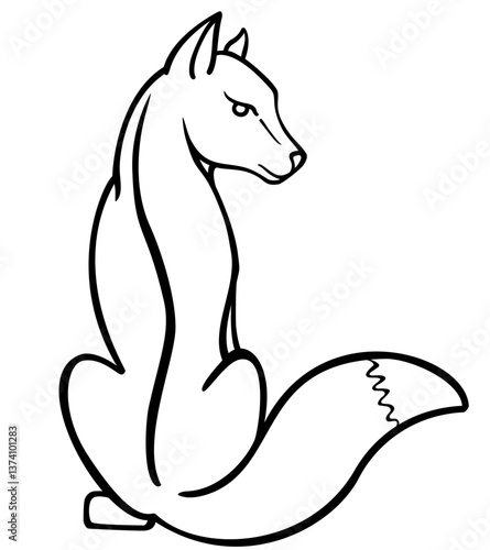 Fox logo Fox, linear drawing for coloring. Outline. Fox sits back and turns around to the viewer.	