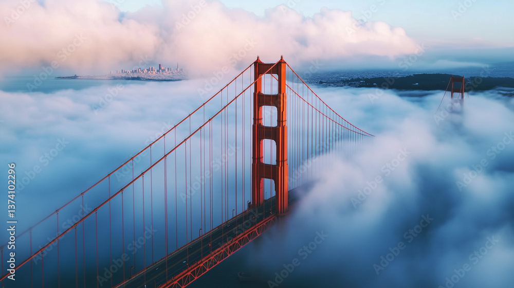 Fototapeta premium Aerial view of Golden Gate Bridge covered in thick fog with the end of the bridge disappearing in the white clouds, Ai generated images