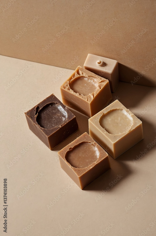 Natural handmade soaps in various colors and shapes arranged on a neutral background Natural handmade soaps in various colors and shapes arranged on a neutral background