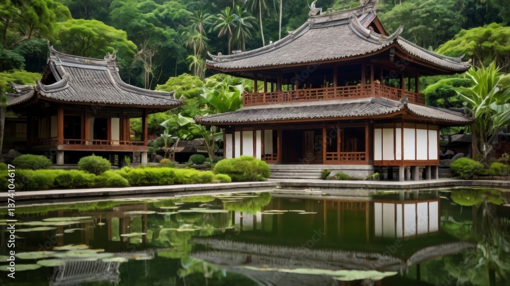 Unique building surrounded by lush greenery and natural elements creating a serene spiritual environment Unique building surrounded by lush greenery and natural elements creating a serene spiritual environment