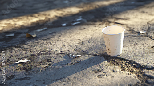 Crushed paper cup tossed aside on concrete ground