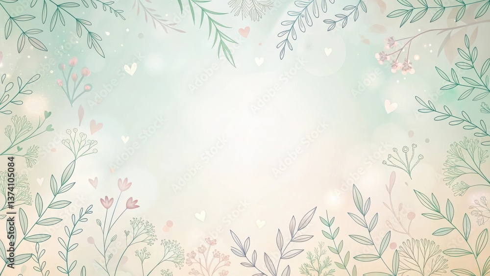 Tender Pastel Floral Frame with Delicate Botanical Elements and Soft Hearts for Romantic Design Projects Tender Pastel Floral Frame with Delicate Botanical Elements and Soft Hearts for Romantic Design Projects