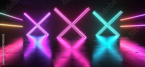 A 3D rendering depicts an empty space with a concrete floor room illuminated by futuristic sci-fi blue and purple neon tube lights that are glowing and reflecting