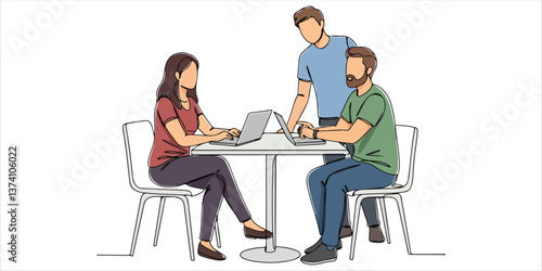 two people sitting at a table with a laptop and asking a young man continuous single line art drawing sketch on white background