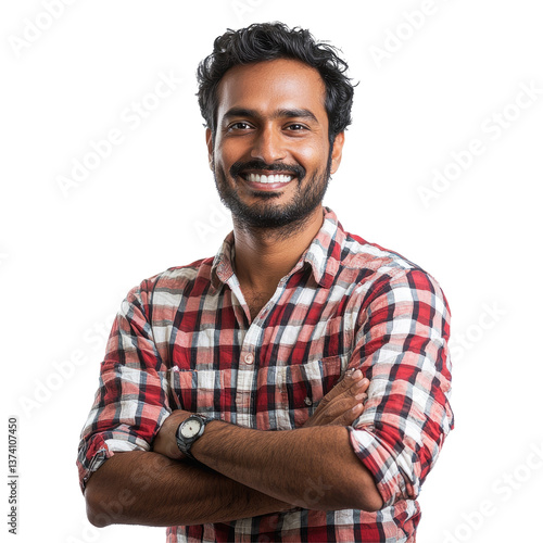 Happy Man in Red Checkered Shirt with Arms Crossed, isolated on transparent background