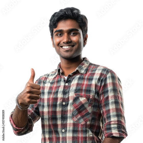Young Man in Checkered Shirt Giving Thumbs Up, isolated on transparent background