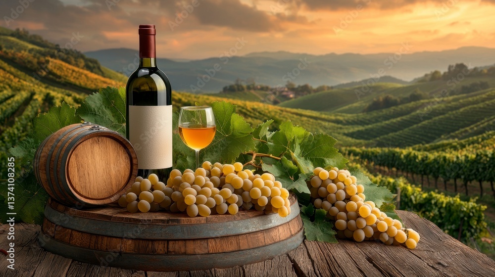 Fototapeta premium Golden Hour Wine Still Life In Vineyard Landscape