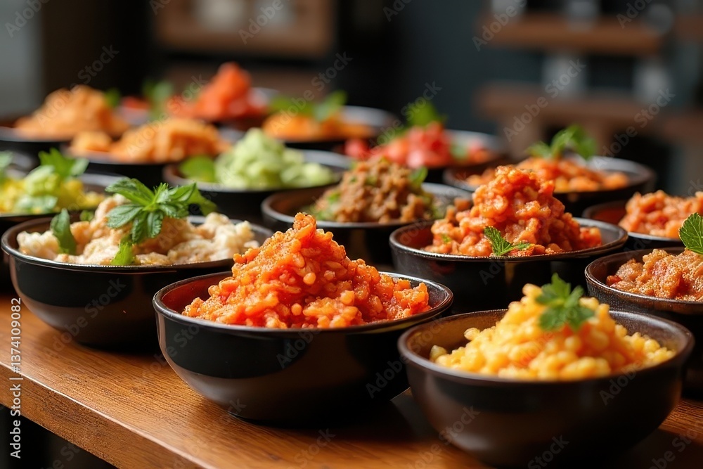 Obraz premium Wooden Table with Colourful Kimchi Bowls