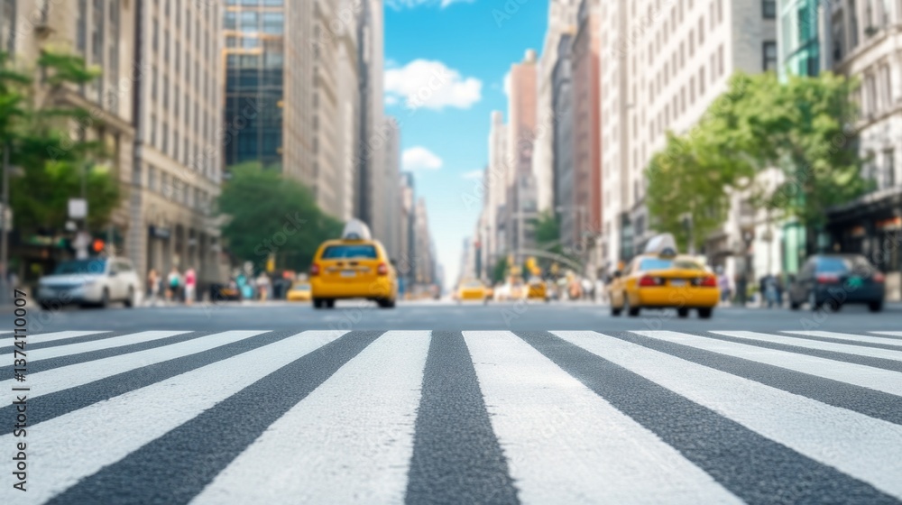 Obraz premium Urban thoroughfare bustling with traffic, pedestrians navigating crosswalks, ample space for advertising content