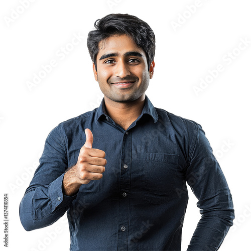 Happy Man in Blue Shirt Giving Thumbs Up, isolated on transparent background