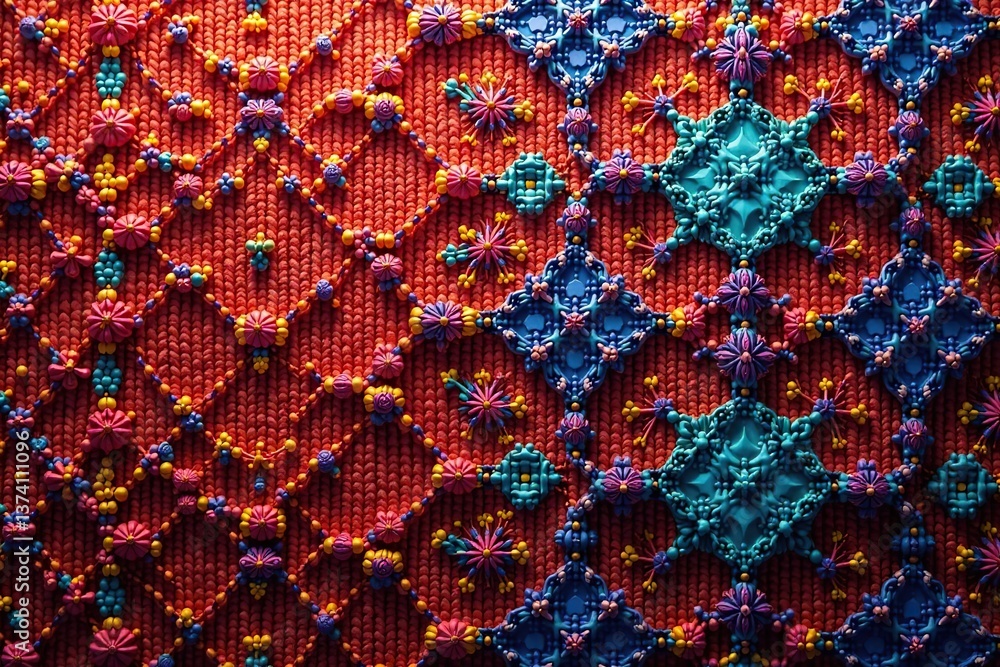 Intricate geometric pattern in vibrant colors on a textile background, pattern, geometric Intricate geometric pattern in vibrant colors on a textile background, pattern, geometric