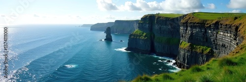 Majestic cliffs of Moher overlooking stunning Atlantic Ocean views,  horizon,  adventure