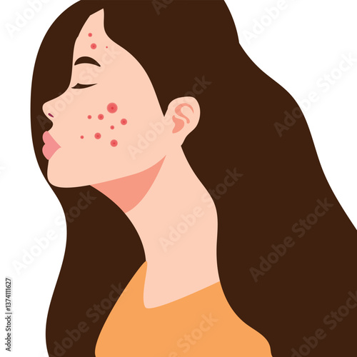 Young girl has skin problems with acne or allergic pimples on her face. Skincare and dermatology concept. Flat style vector illustration.